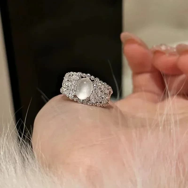 Anelli di calcedonio di ghiaccio naturale in stile cinese in argento 925 per le donne gioielli squisiti Vintage vuoti con diamanti semplici di lusso leggeri