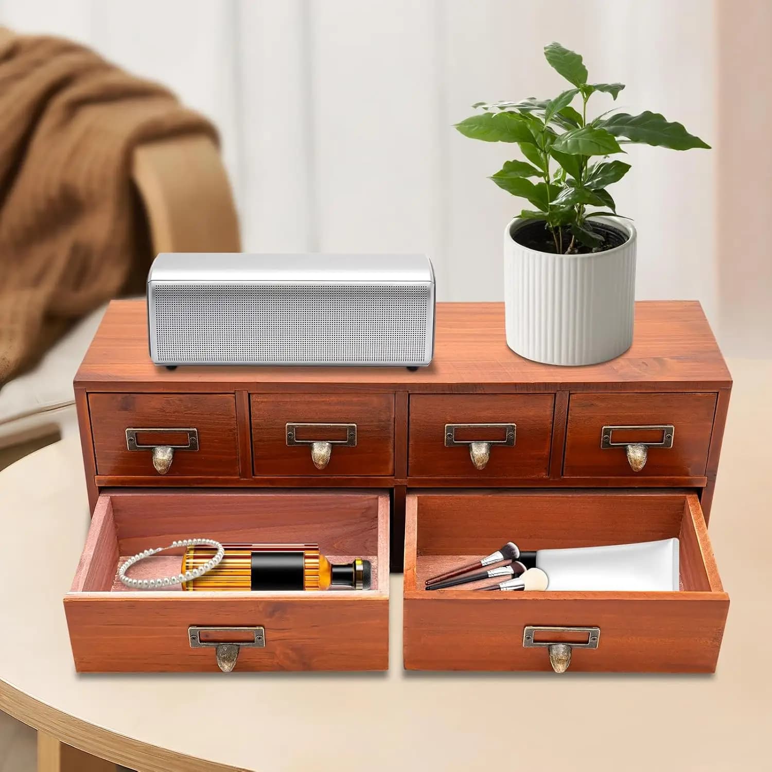Organizzatore da Scrivania, Mobiletto con 6 Cassetti in Stile Vintage, Cassettiera Classica in Legno Marrone per Tavolo, Scatola Portaoggetti in Legno