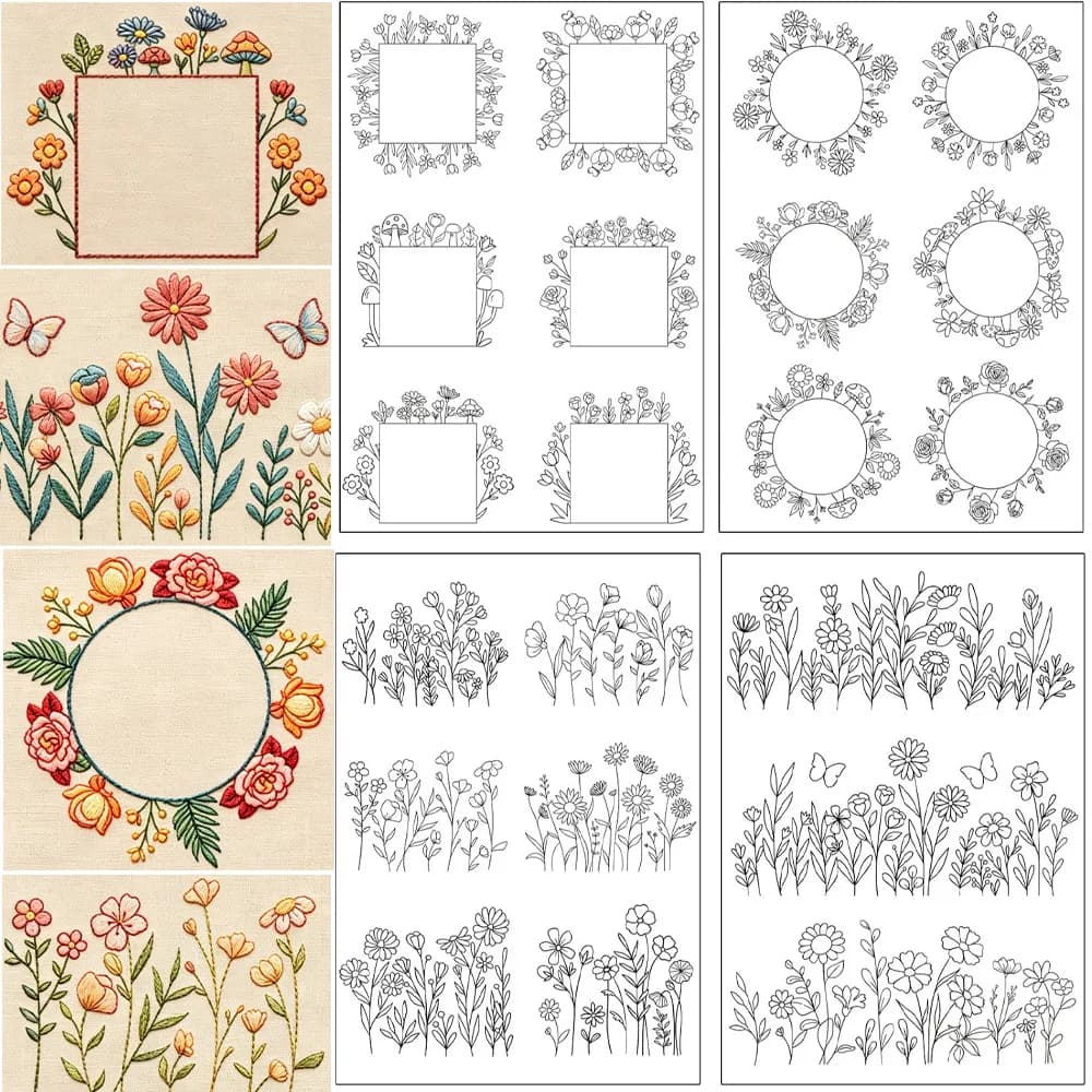 Flower Wreaths Cactus Botanical Border Pre-Printed Stick & Stitch Embroidery Paper Water Soluble Wash Away Transfer for DIY Knit