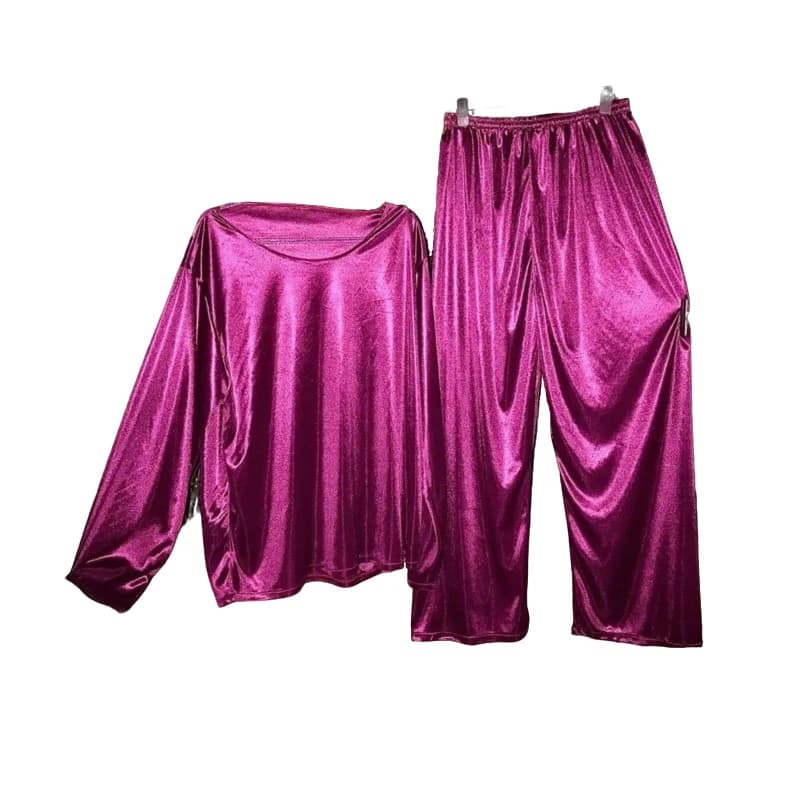 S-3XL Glossy Ice Silk Satin 2 Pieces Set Pajamas Long Sleeve Top Sleeping Pants Bottoms Unisex
