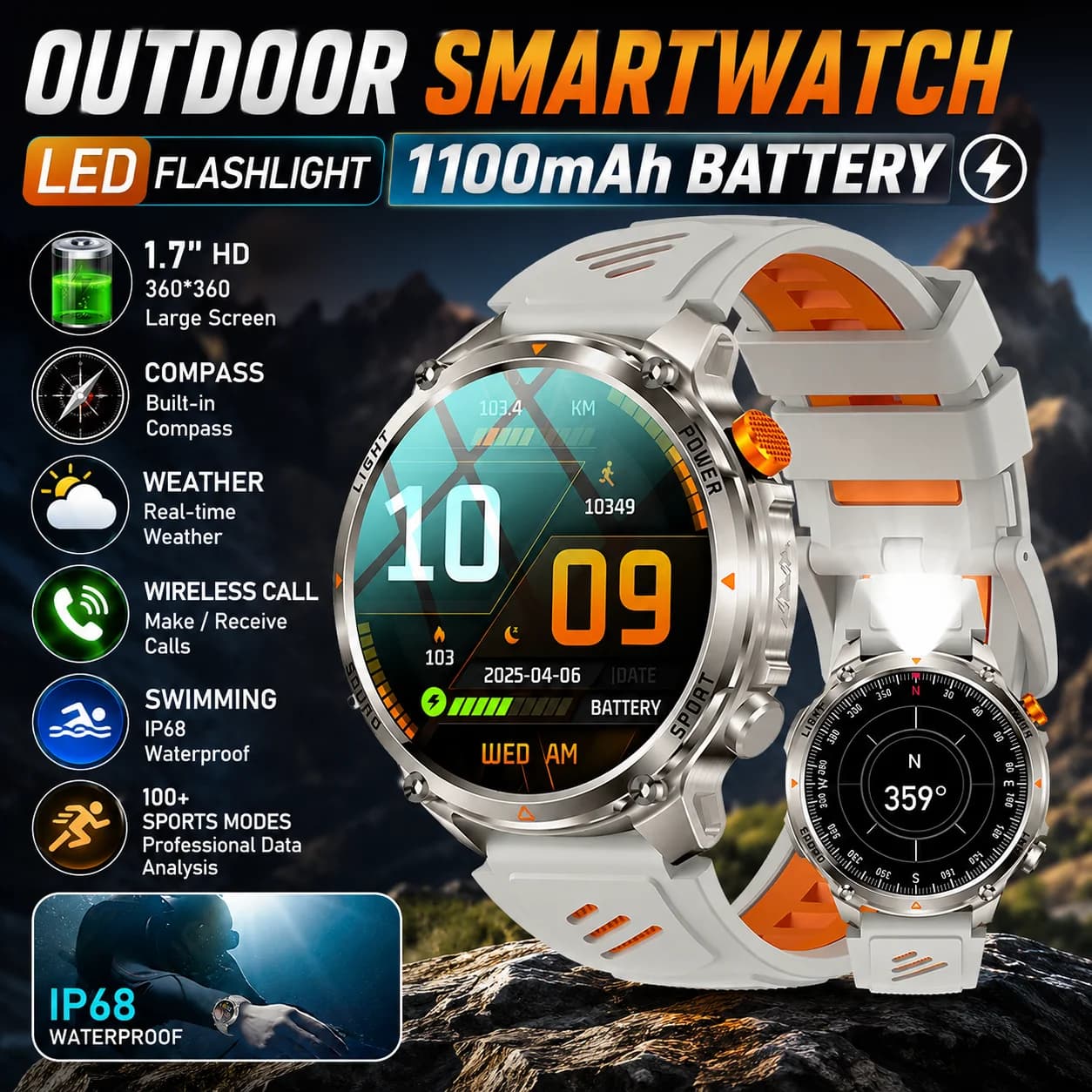 2026 Outdoor Military Compass Smart Watch Men 1100MaH Battery Sports Watches Flashlight IP68 Waterproof Women Smartwatch For Men