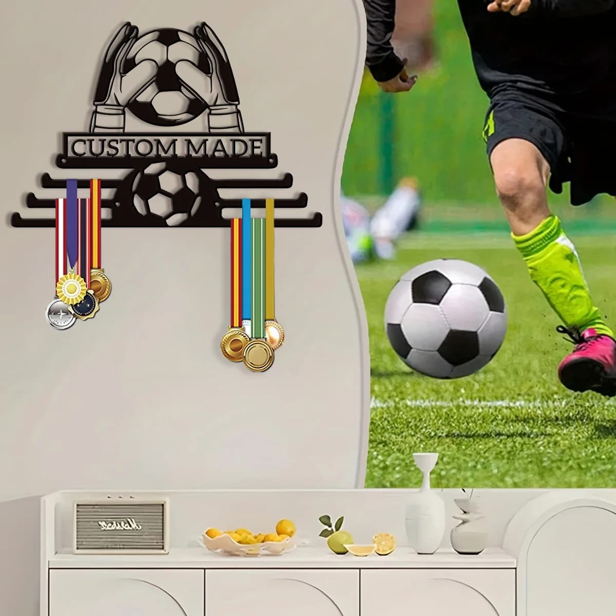 1pc Stylish Football Customized Medal Holder Wall Metal Art Metal Crafts Ornaments Halloween Party Decorations Pendants Indoor