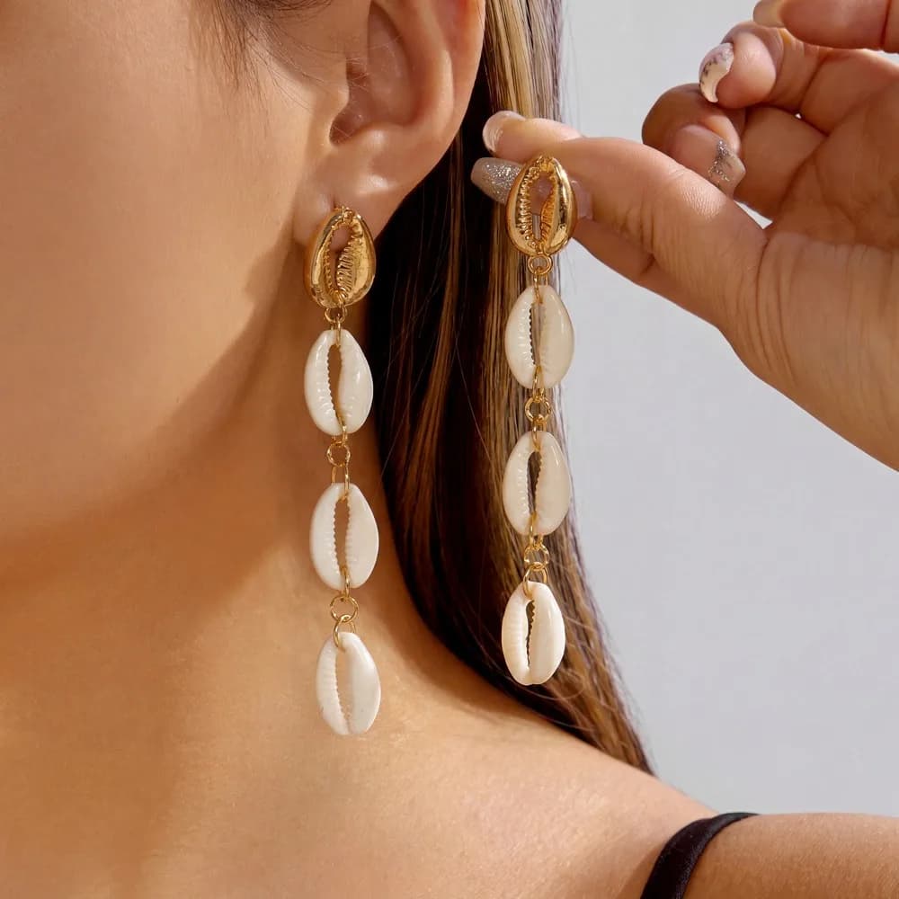 Orecchini a Cerchio Intrecciati Fatti a Mano Stile Boho con Conchiglie Maculate e Stelle Marine, Orecchini Pendenti con Perline per Vacanze al Mare