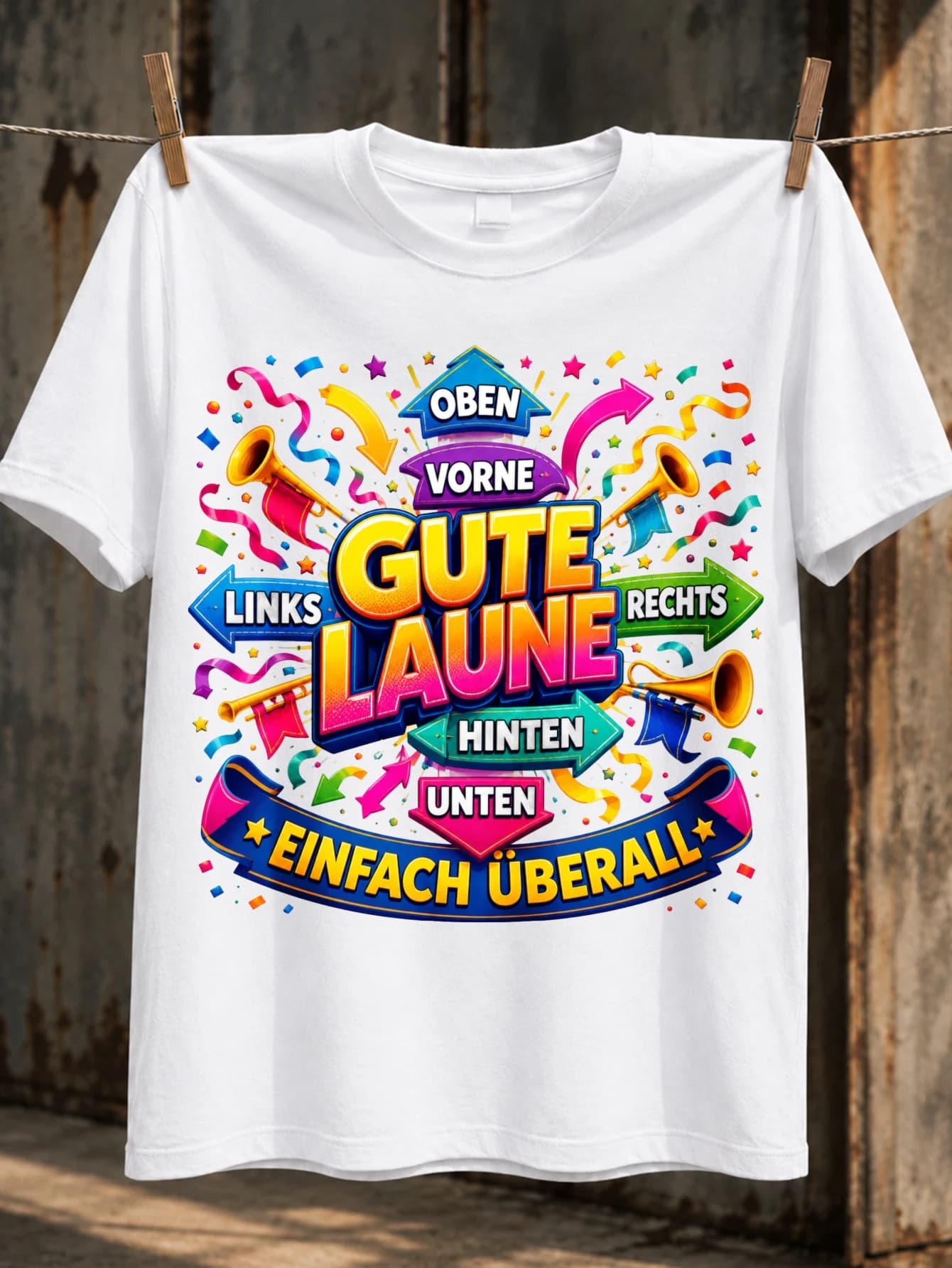 Gute Laune Carnival Trumpets And Confetti Multi Color Arrows Einfach uberall Celebration Graphic Unisex All T-Shirt