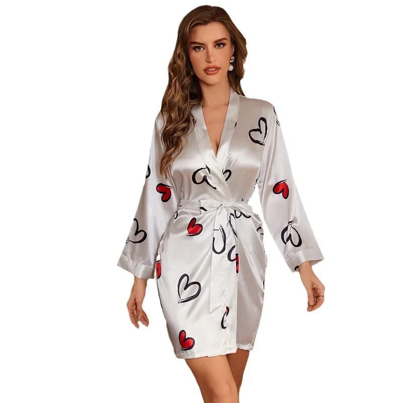 New Women Ice Silk Robe Kimono Bathrobe Gown Sexy Printed Dressing Gown Sleepwear Nightgown Loose Casual Home Lounge Wear