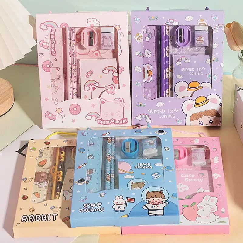5/6Pcs Cartoon Stationery Set With Pencil Ruler Eraser Sharpener Notebook For Kids Students Back To School Daily Study Gifts