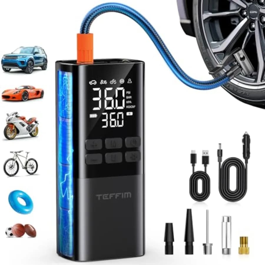 Compressore d'Aria Portatile per Pneumatici - Gonfiatore per Auto con Manometro e Luce LED