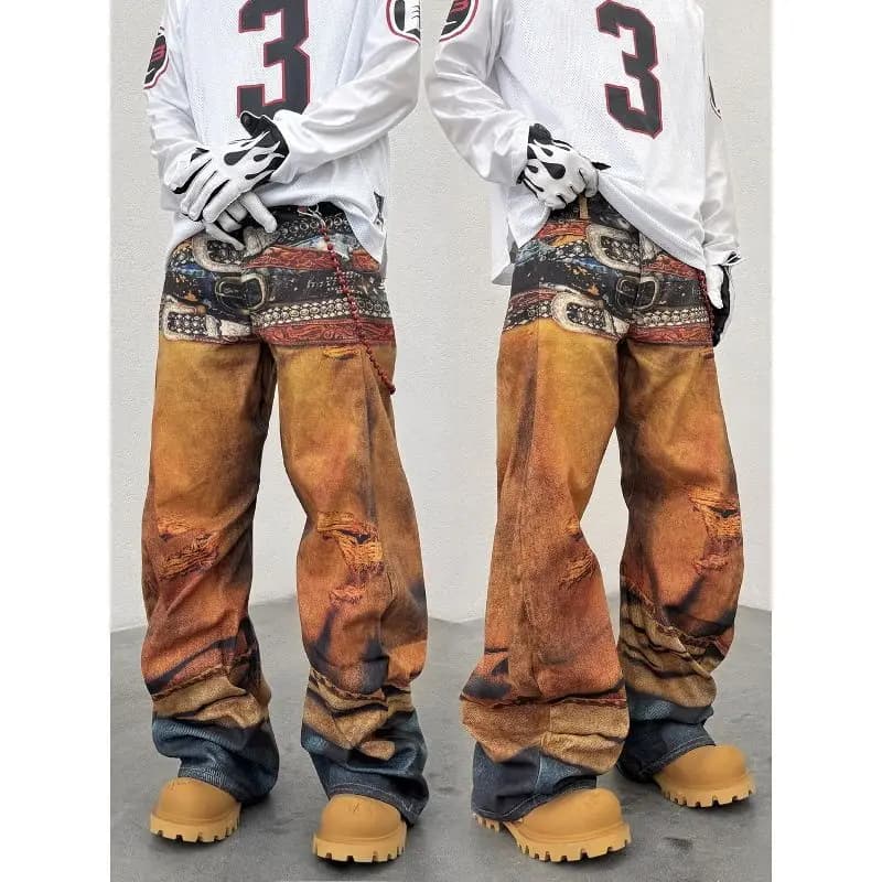 Jeans American Street Cargo3D Printed Multiple Belts Holes Ac Style Scimitar Wide Legs Men and Women
