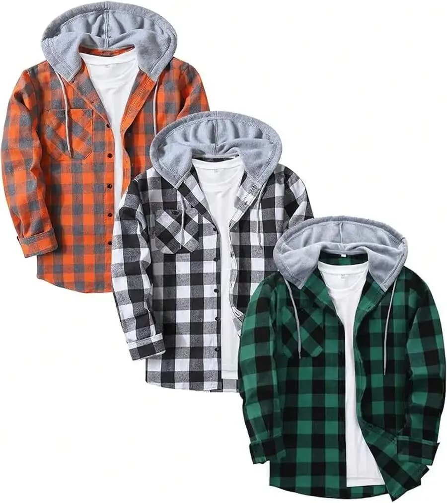 3 Pack Mens Flannel Hooded Shirt Long Sleeve Casual Vintage Plaid Button Down Jacket With Pocket