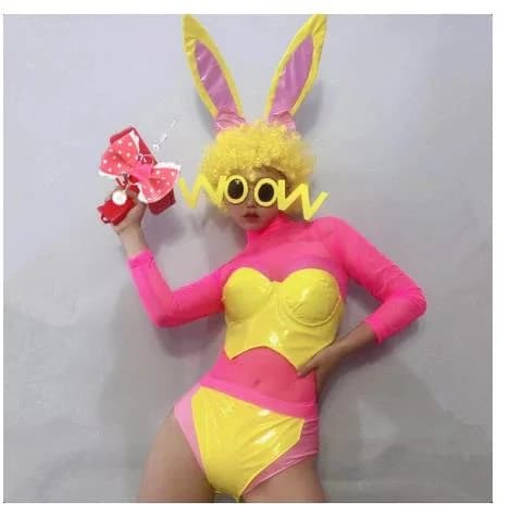 Abiti da spettacolo di conigli gialli rosa Festival Bar Club Party Costume da ballo cosplay Donna Squadra di danza DJ Performance Stage Wear