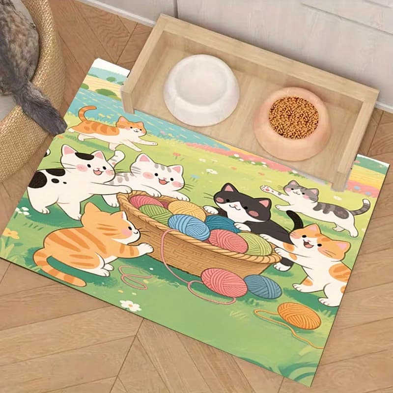 Tappetino per l'alimentazione degli animali domestici con adorabile design a palla di filato giocosa per gatti e gattini - Tappetino riutilizzabile per ciotole di cibo e acqua per cani e gatti