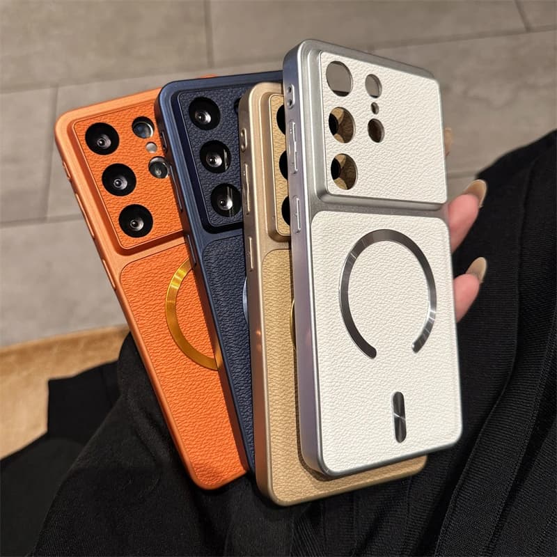 Anti-shock case Leather effect for Samsung Galaxy S26 S25 S24 FE Ultra S26Plus, Magnetic Laser Charging Wireless MagSafe