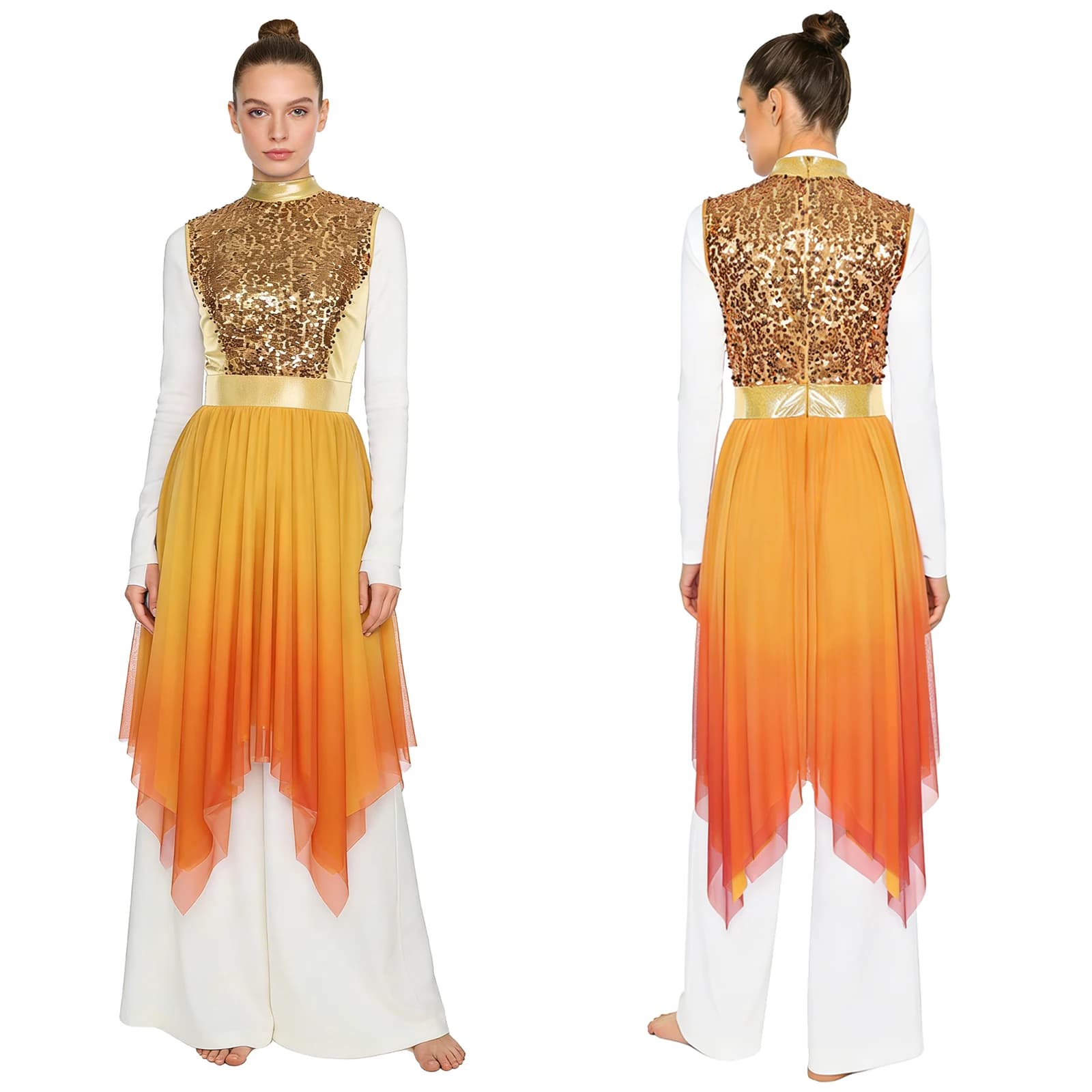 Abito da ballo liturgico per donna, culto liturgico, lode, pattinaggio di figura, abbigliamento da ballo lirico, senza maniche, corpetto con paillettes, abiti a tunica asimmetrici