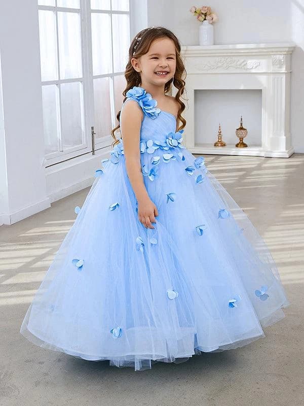 Abito Personalizzato Blu Cielo per Bambine, Vestito da Damigella con Fiori, Monospalla in Tulle, Abito Formale da Principessa per Feste