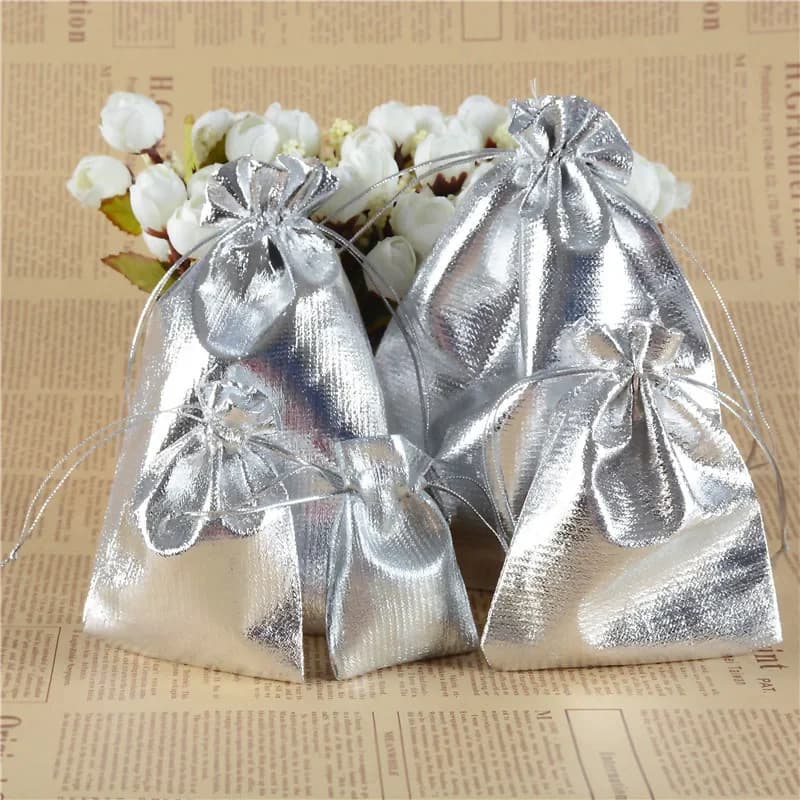 50 pz/lotto Sacchetti in Velluto con Coulisse Argento e Oro per Gioielli, Sacchetti Regalo per Matrimoni, Sacchetti e Buste per Regali di Natale, Sacchetti Artigianali per Caramelle