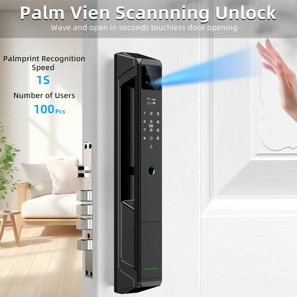 Serratura Intelligente P8 Tuya WiFi con Riconoscimento del Palmo della Mano, Riconoscimento Facciale, Impronta Digitale e Videochiamata, Comando Vocale in 21 Lingue