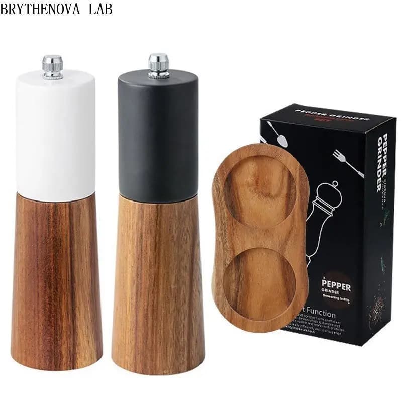 New Manual Salt Pepper Grinder Sets Solid Wood Spice Pepper Mil Ceramic Adjustable Grinder Kitchen Salt Spoon