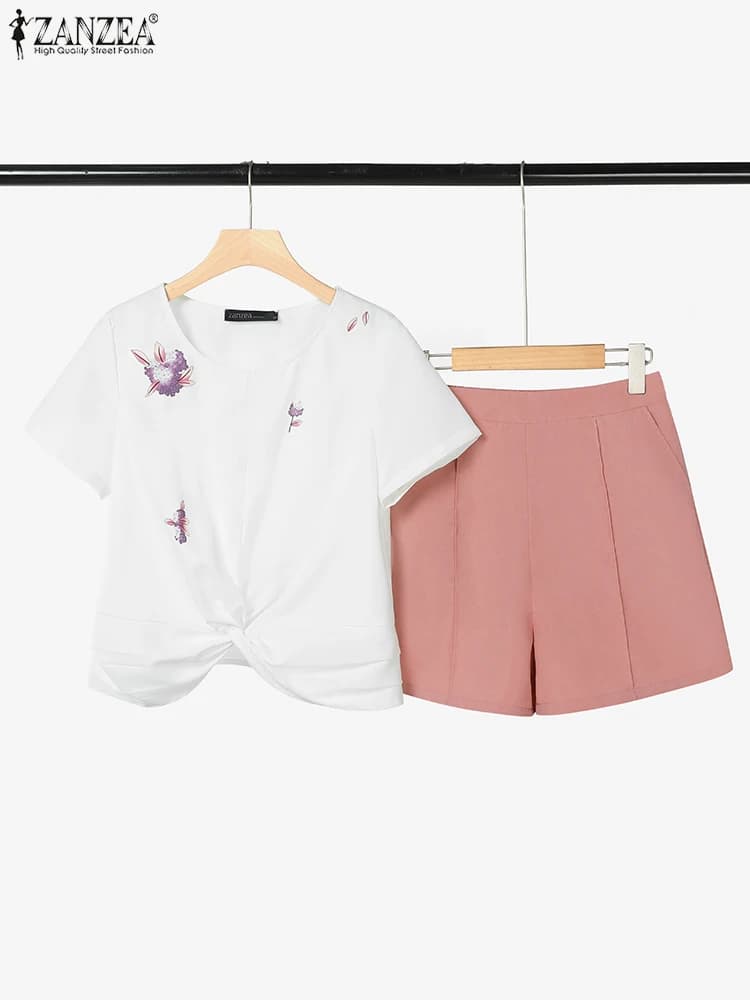 2025 ZANZEA Set da donna allentati Moda T-shirt stampate Pantaloni corti Set coordinati Pantaloncini in vita elastica solida estiva Abiti 2 pezzi