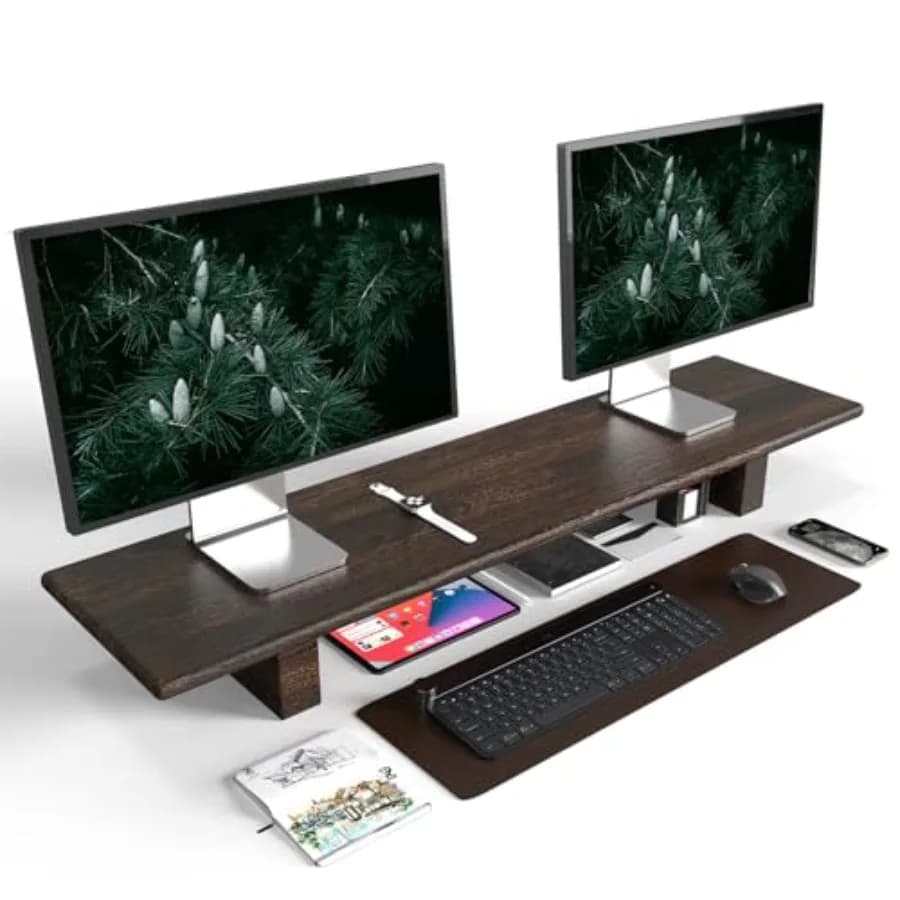 Supporto per Monitor in Legno Massello Rustico con Spazio di Archiviazione, Grande Supporto per Doppio Monitor per Laptop, Computer, TV, PC, Stampanti
