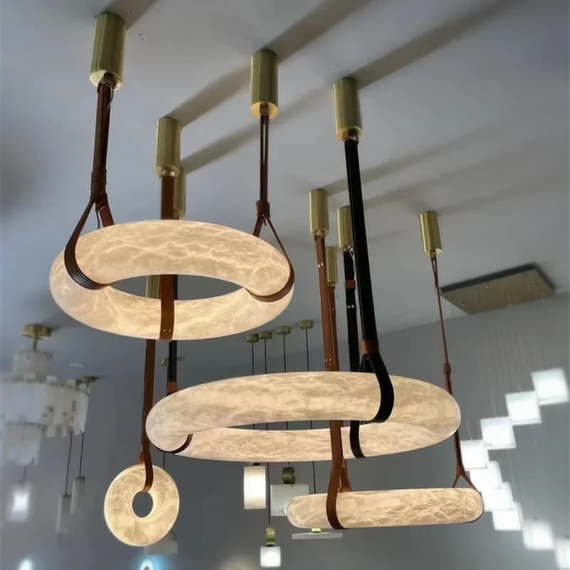 Lampadario in pelle Anello classico in marmo marrone chiaro Oslo Luce alabastro Lampada a sospensione per soggiorno Camera da letto Illuminazione fattoria