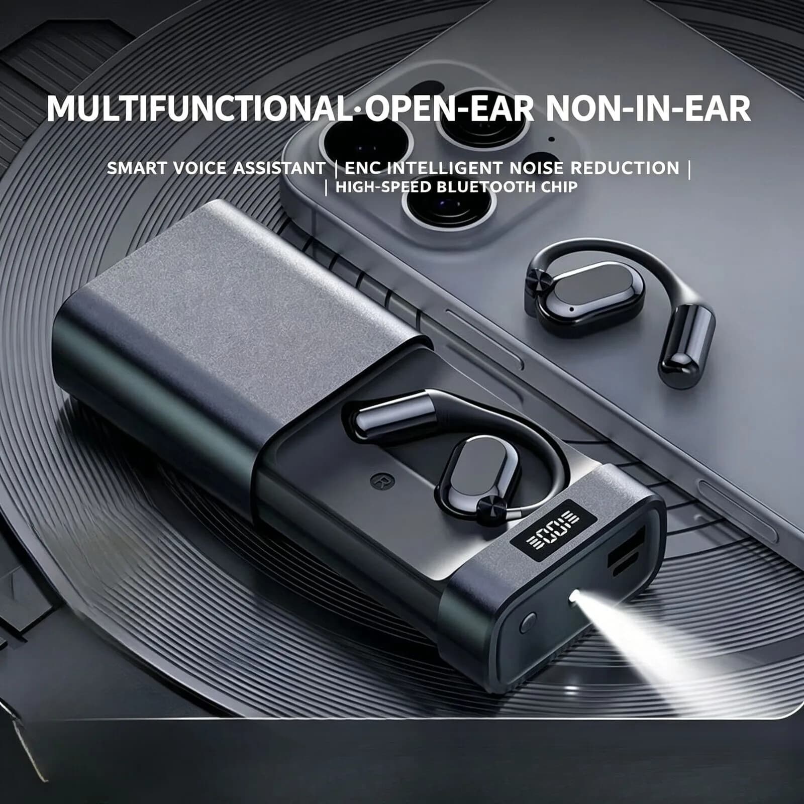 Open Ear Bluetooth Headphones Flashlight Power Bank Stereo Audio Noise Reduction Waterproof Sports Handsfree Long Battery Life