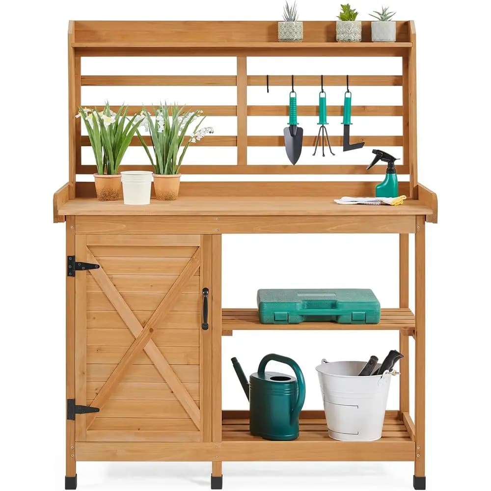 Outdoor Potting Bench with Storage, Planting Table or Patio, Wood | Large worktop, storage cabinet and open shelves organize pot