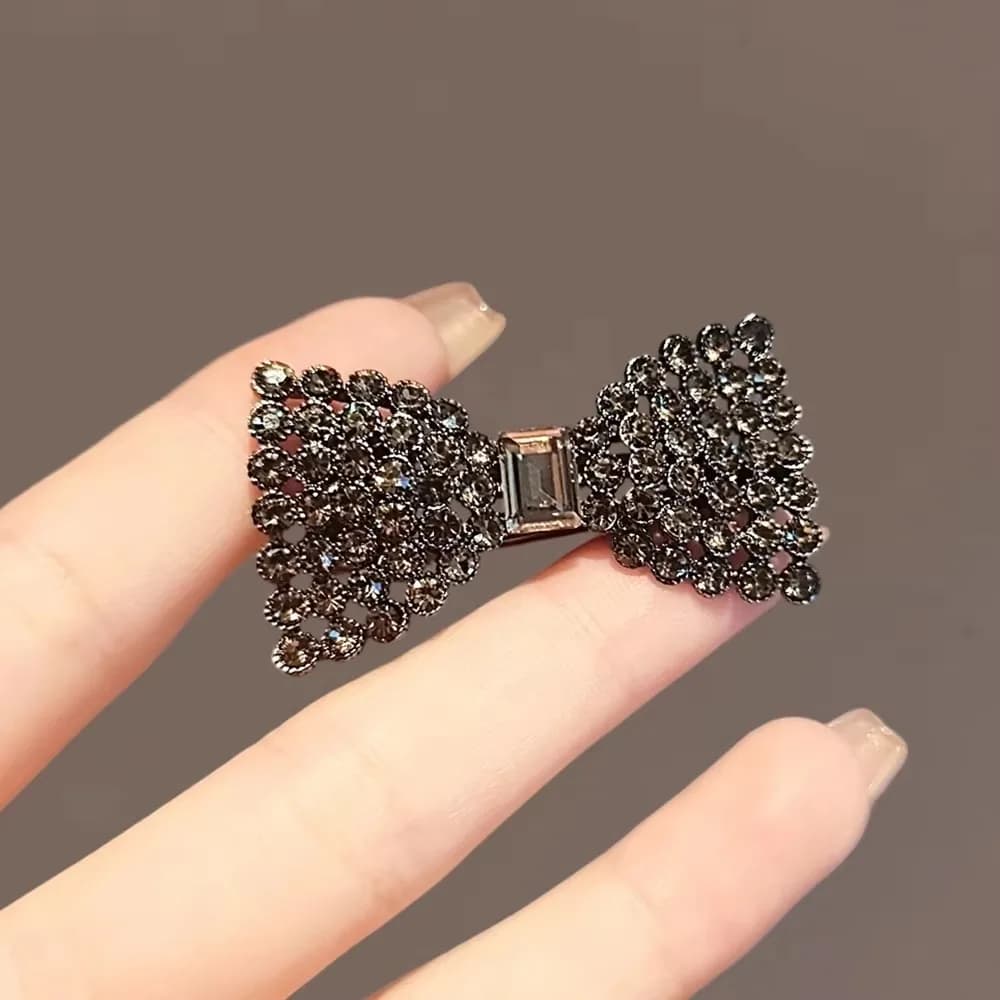 Elegant Rhinestone Bow Hair Clip for Women Black Alloy Hairpin with Rectangular Crystal Center Medium Size Decorative Accessory