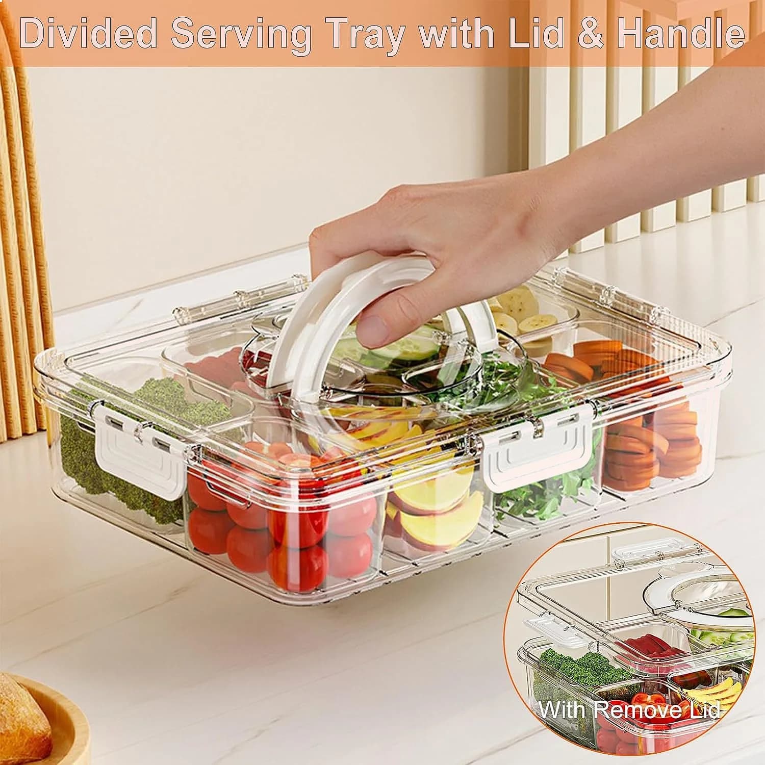 Veggie Tray with Lid and Handle, Divided Serving Tray, Portable Snackle Box for Candy Fruits Nuts