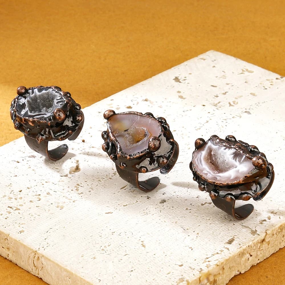 Anello vintage in pietra di agata naturale, rame antico, cristallo intarsiato elettrolitico, apertura regolabile, regalo di gioielli fatti a mano per le donne