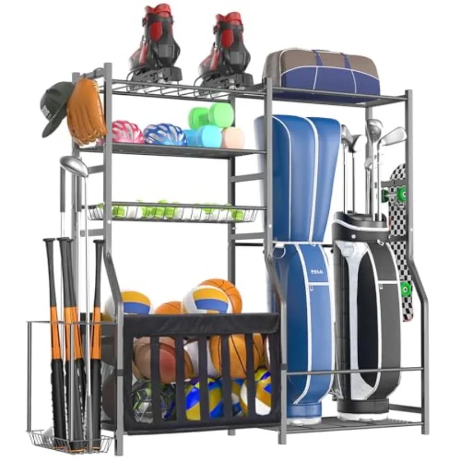 Organizzatore per Attrezzature Sportive da Garage Resistente, Portaoggetti Tutto-in-Uno per Sacche da Golf, Supporto Multi-Sport per Palloni da Basket, Mazze e Altro
