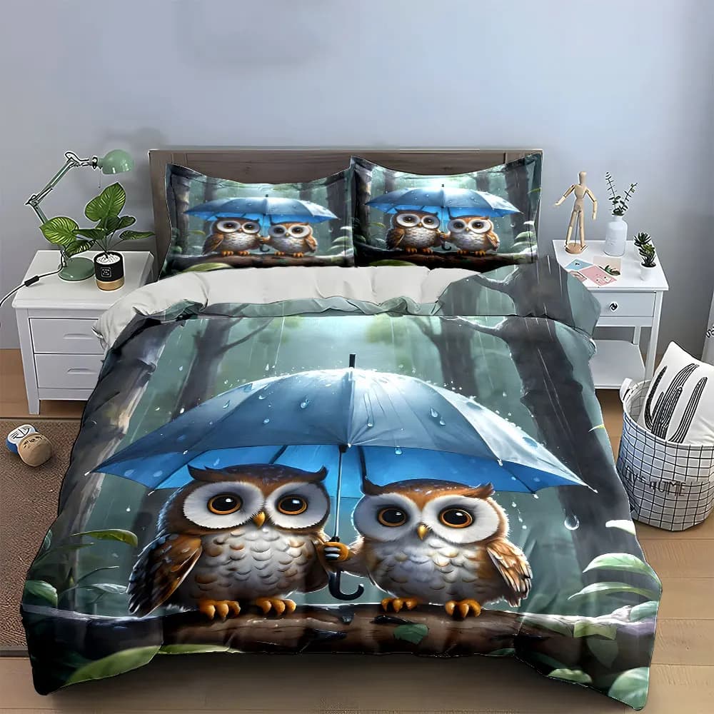 Set di biancheria da letto decorativa Rainforest Owls con 1 copripiumino e 2 federe, singolo, matrimoniale, king, queen, regalo