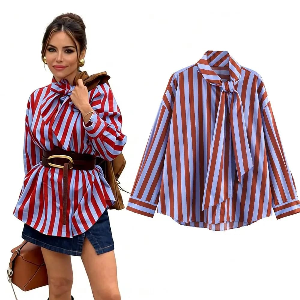 Loose Fit Women Blouse Simple Design Contrasting Striped Casual Top Breathable Single Breasted Striped Shirt Casual Occasion