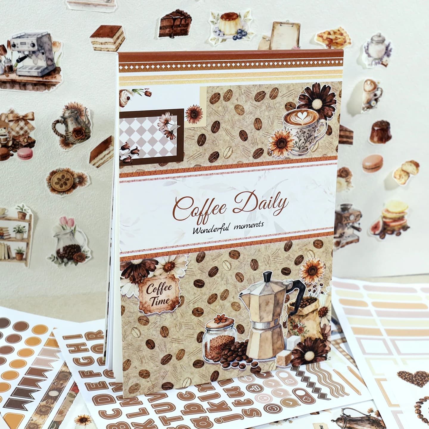 24Sheets Large Size Waterproof Dual-Material Coffee Washi PET Sticker Book Bread Stickers Set For Scrapbooking Junk Journal