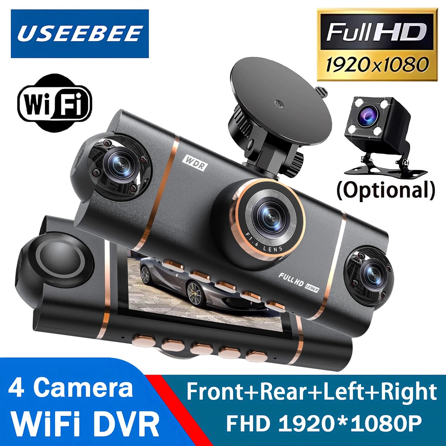 4 telecamere Dash Cam per auto DVR WiFi HD 1080P Videoregistratore 4 canali Vista posteriore anteriore Visione notturna Scatola nera DVR per la sicurezza del veicolo