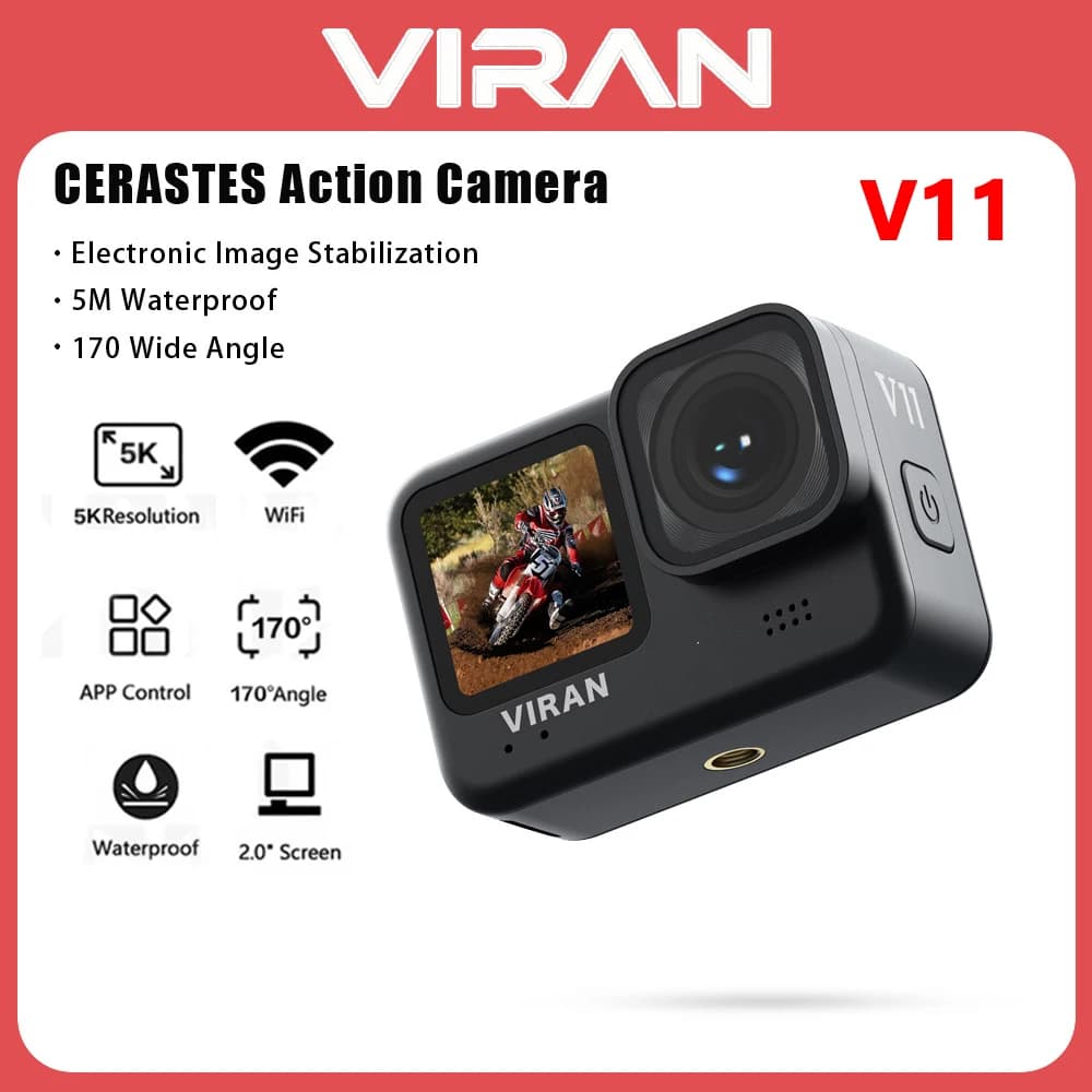 VIRAN V11 5K 4K60FPS Action Camera 4K, videocamera per bicicletta con stabilizzatore elettronico, WiFi, videocamera sportiva, videocamera per casco, videocamera per registrazione video.