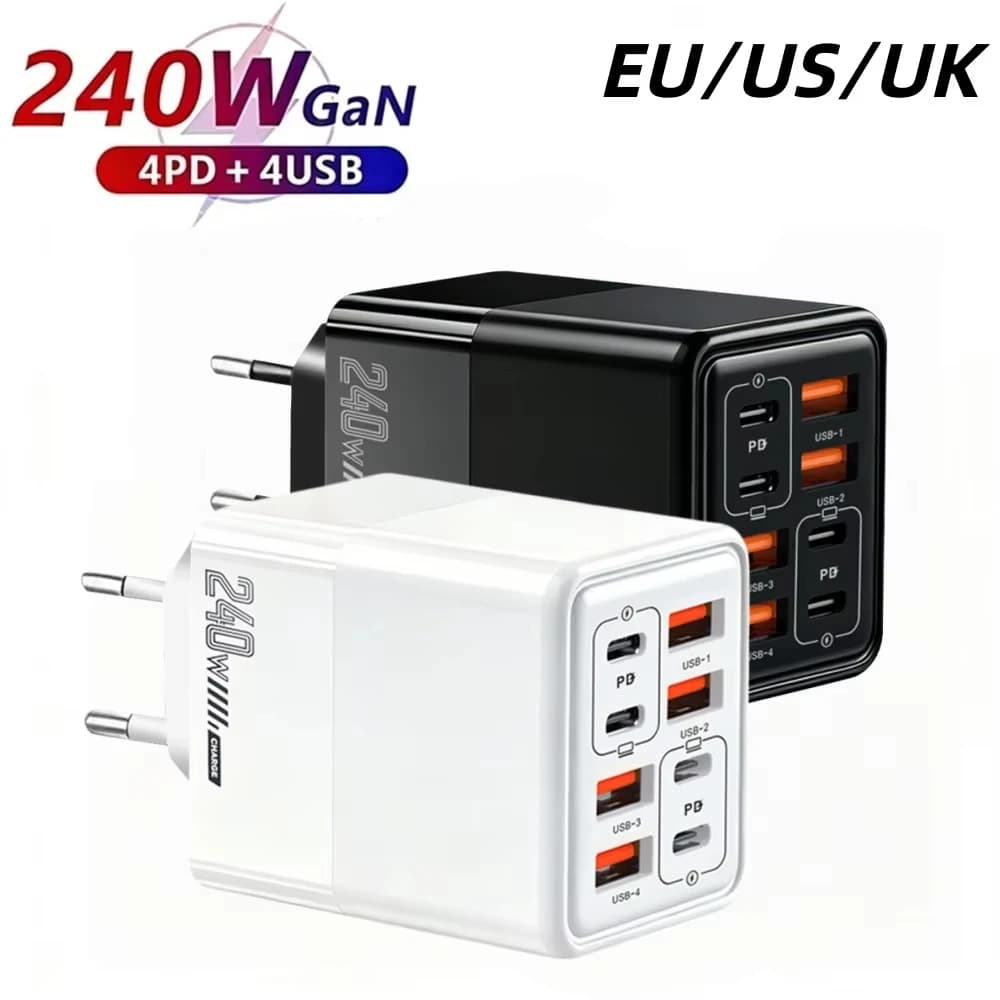 240W 8 in 1 USB C Charger Fast Charging Phone Charger Power Adapter For iPhone Samsung Xiaomi Huawei EU/US/UK Plug Wall Charger