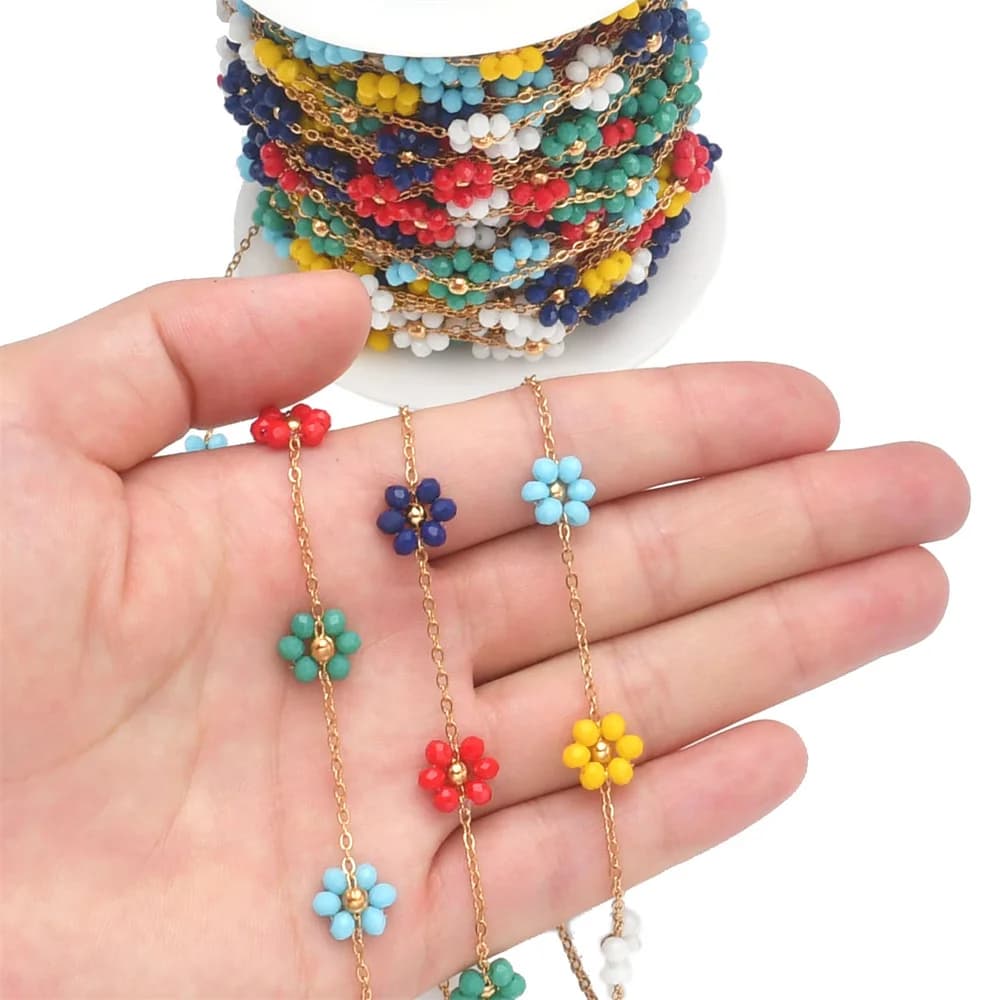 Catena placcata in oro da 1 m per la creazione di gioielli Catena a croce in acciaio colorato Fiore di cristallo Collana a catena Bracciale fai da te per le donne