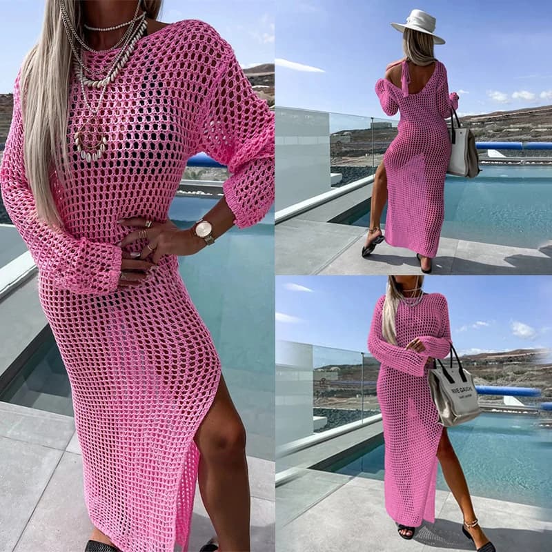 BKLD Sexy Casual women's Beach Holiday Style rete da pesca Hollow girocollo a maniche lunghe Bikini costume da bagno Cover Up Split Maxi Dress