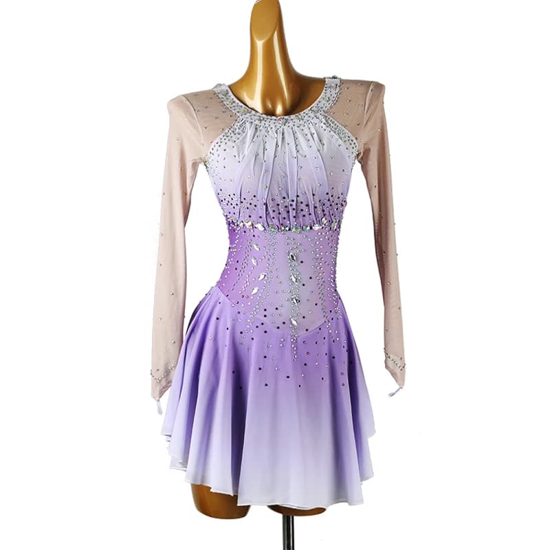 Abito da pattinaggio artistico viola da donna, vestito da gara per pattinaggio su ghiaccio, ginnastica, pattinaggio artistico per adulti, con strass 403