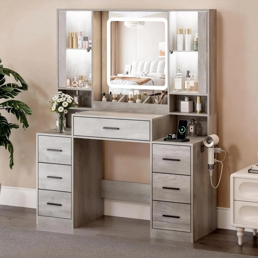 Scrivania con Specchio e Luci, Vanity per Trucco con Presa Multipla, 7 Cassetti e 2 Armadietti, Supporto per Asciugacapelli, Illuminazione RGB per Armadietto
