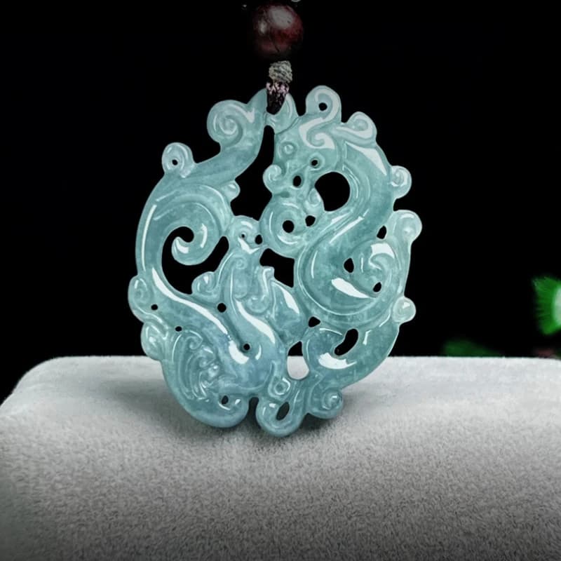 Ciondolo in Giada Blu Naturale con Drago e Fenice, Gioiello di Moda Raffinato per Uomo e Donna, Collana Portafortuna, Regalo