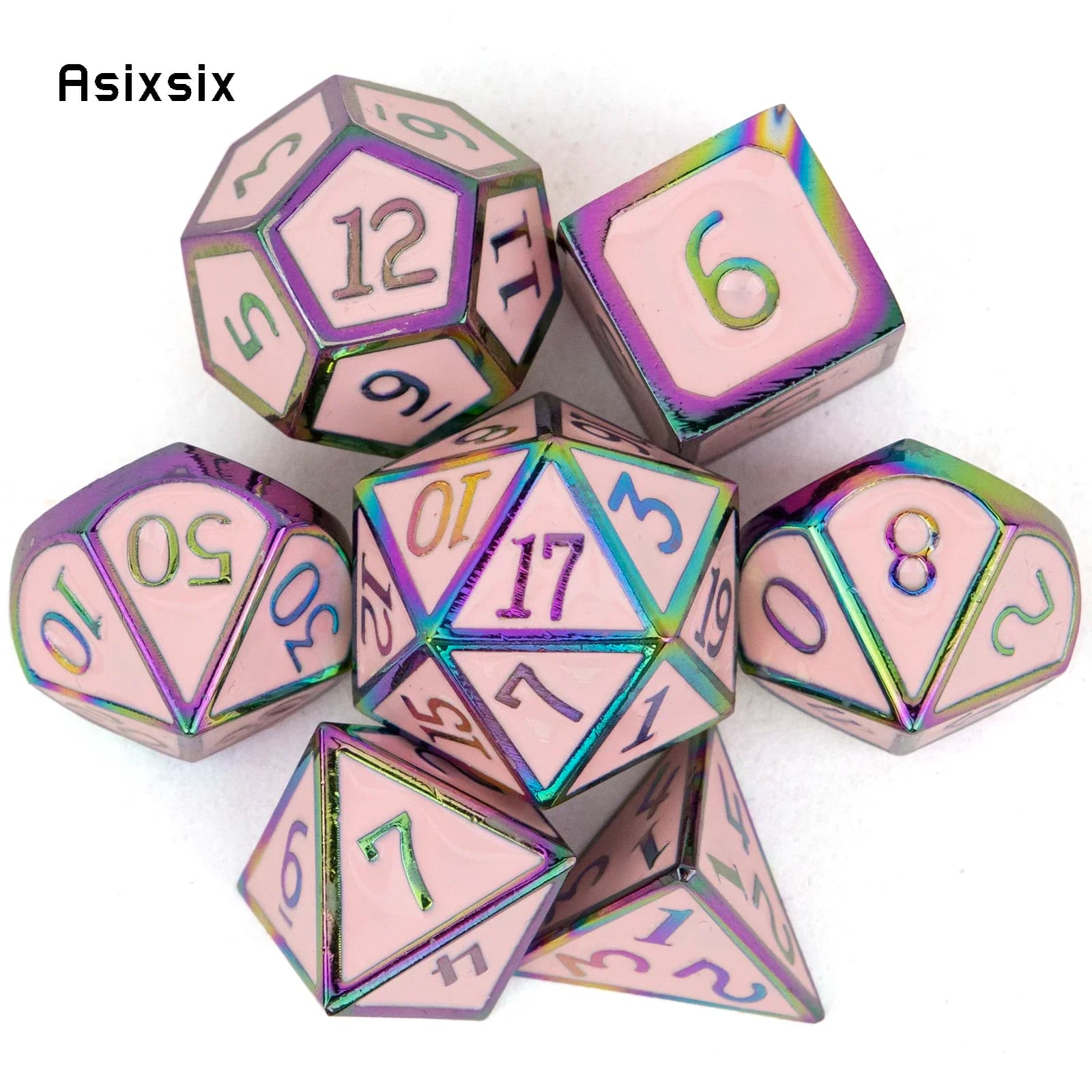 Set di 7 Dadi Metallici Colorati Rosa, Perfetti per Giochi di Ruolo, Giochi da Tavolo e Giochi di Carte. Dadi per Giochi, Set di Dadi D&D
