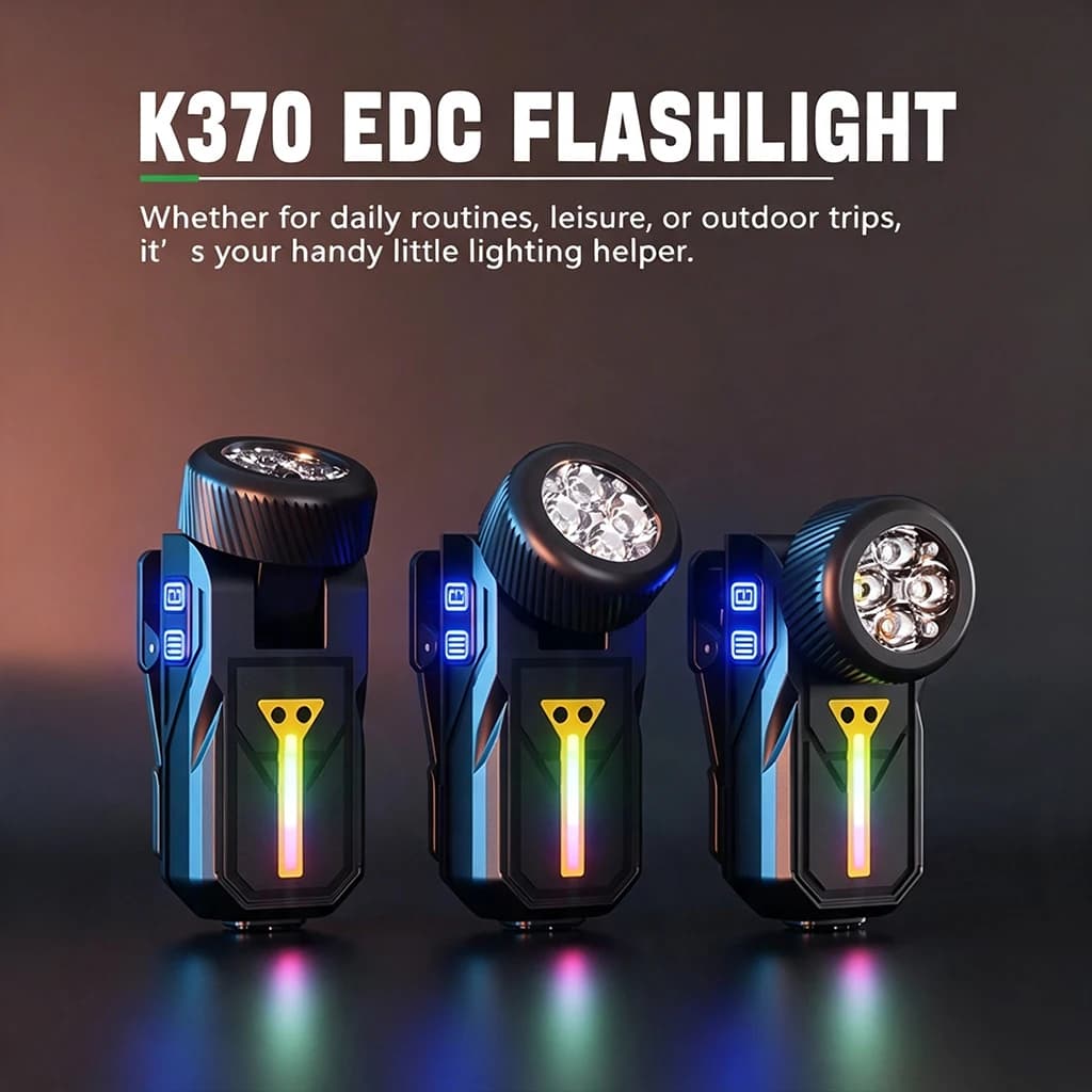 K370 EDC Flashlight USB Rechargeable Magnetic Work Light with 90° Rotatable Head & RGB Side Light Portable Clip-on Lamp for Camping Repair