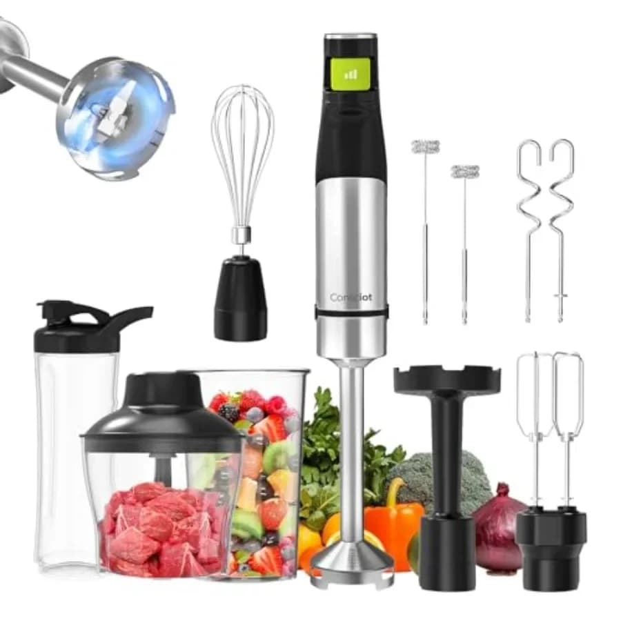 Frullatore a immersione da cucina: asta in acciaio inox nera, potenza massima 1100W, set multifunzione 10-in-1 con bicchiere, tritatutto e fruste.