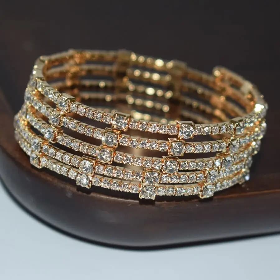 Multi-Layer Fashionable Rhinestone Wrapped Open Cuff Handmade Bracelet For Women