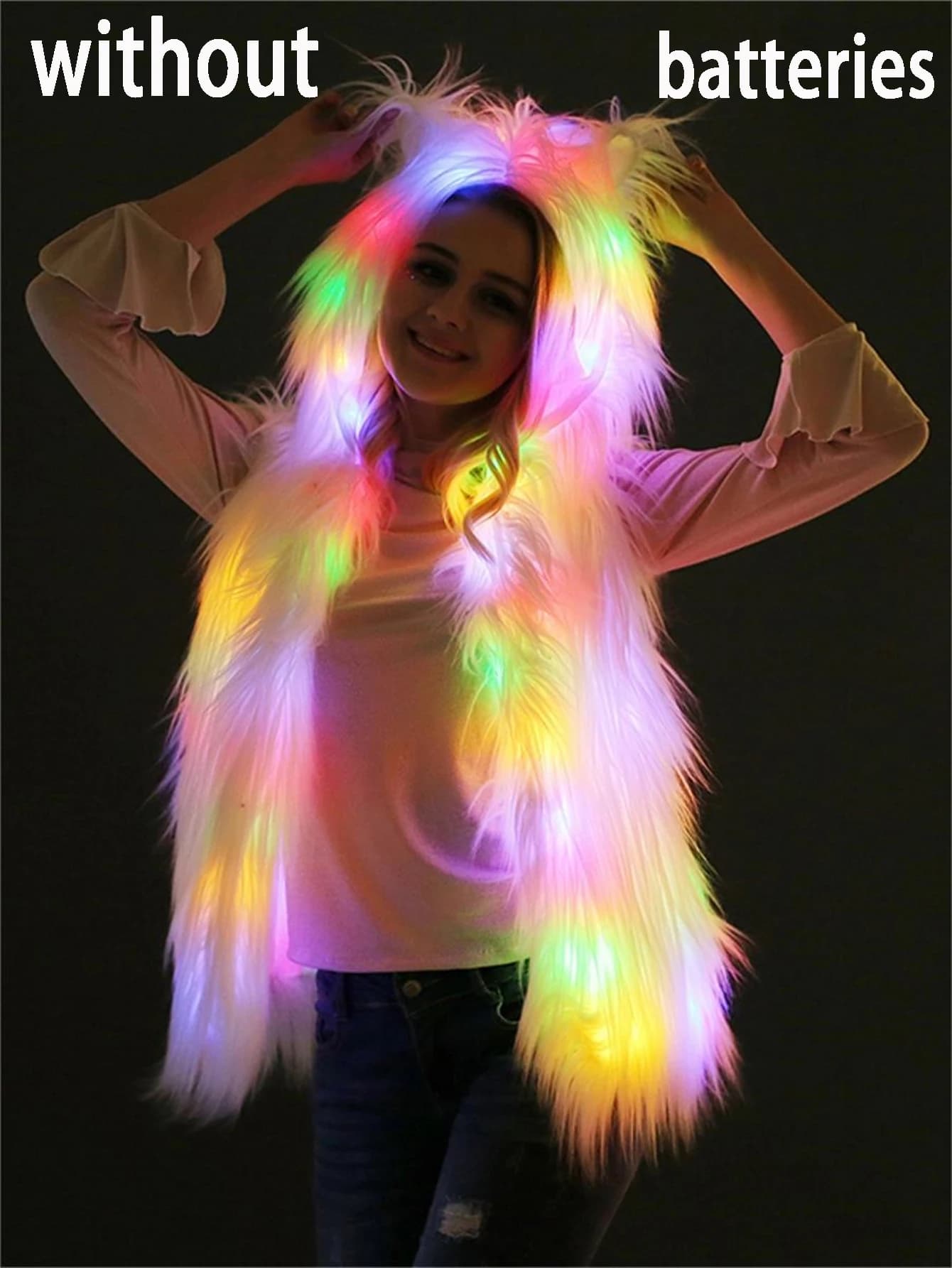 Womens Fur Vest New Female Waistcoat Faux Wool Fur Overcoat Winter Jacket Cool Led Lights Hooded Clothes Sleeveless Outwear Top
