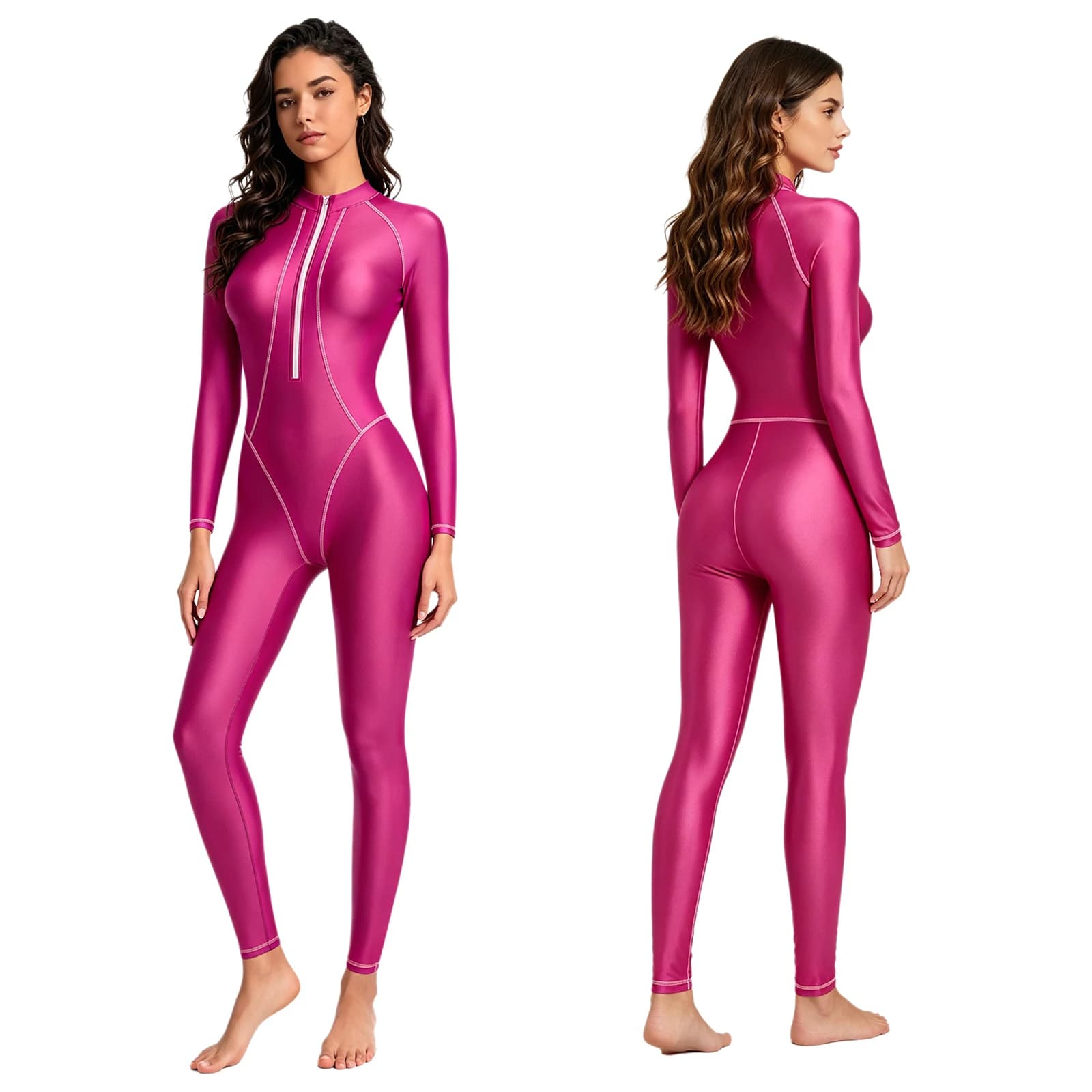 Costume intero lucido da donna con collo alto e maniche lunghe, tuta intera per palestra, fitness, surf, protezione solare, costume da bagno