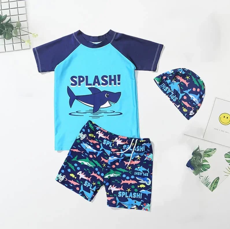 Kids Short Sleeved Swimwear, Children's Swimwear with Cap, Teenage Boy, Girl, Spring Swimwear, 3 Piece Set