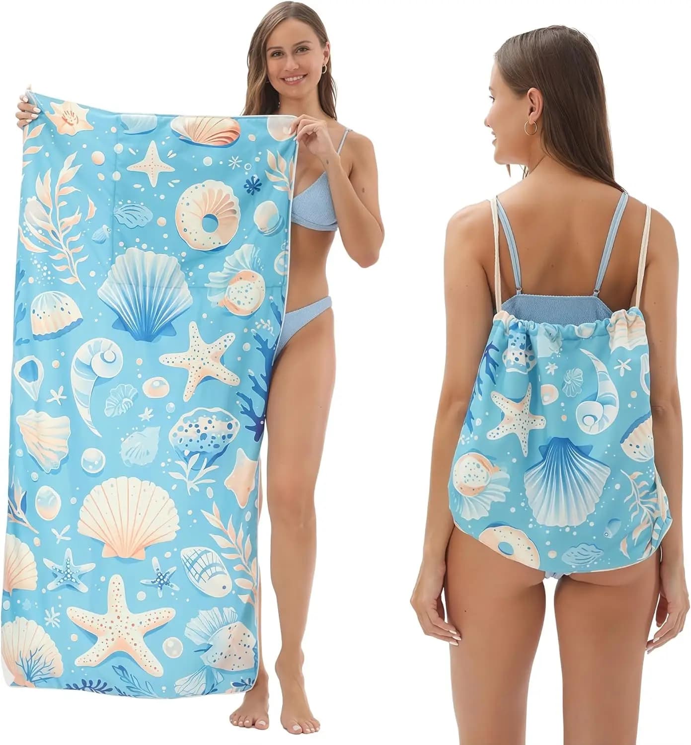 Telo Mare Pieghevole 2-in-1 Blu con Zaino, Asciugatura Rapida, Assorbente, Convertibile in Tappetino da Spiaggia, Borsa per il Trasporto per Campeggio Estivo, Yoga, Viaggi, Piscina