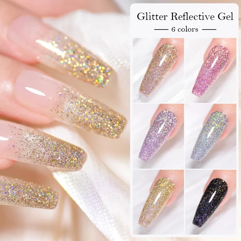 FOUR LILY 10ml Reflective Glitter Gel Nail Polish Semi Permanent Soak Off UV/LED Sparkle Nail Gel for DIY Nail Art Manicure